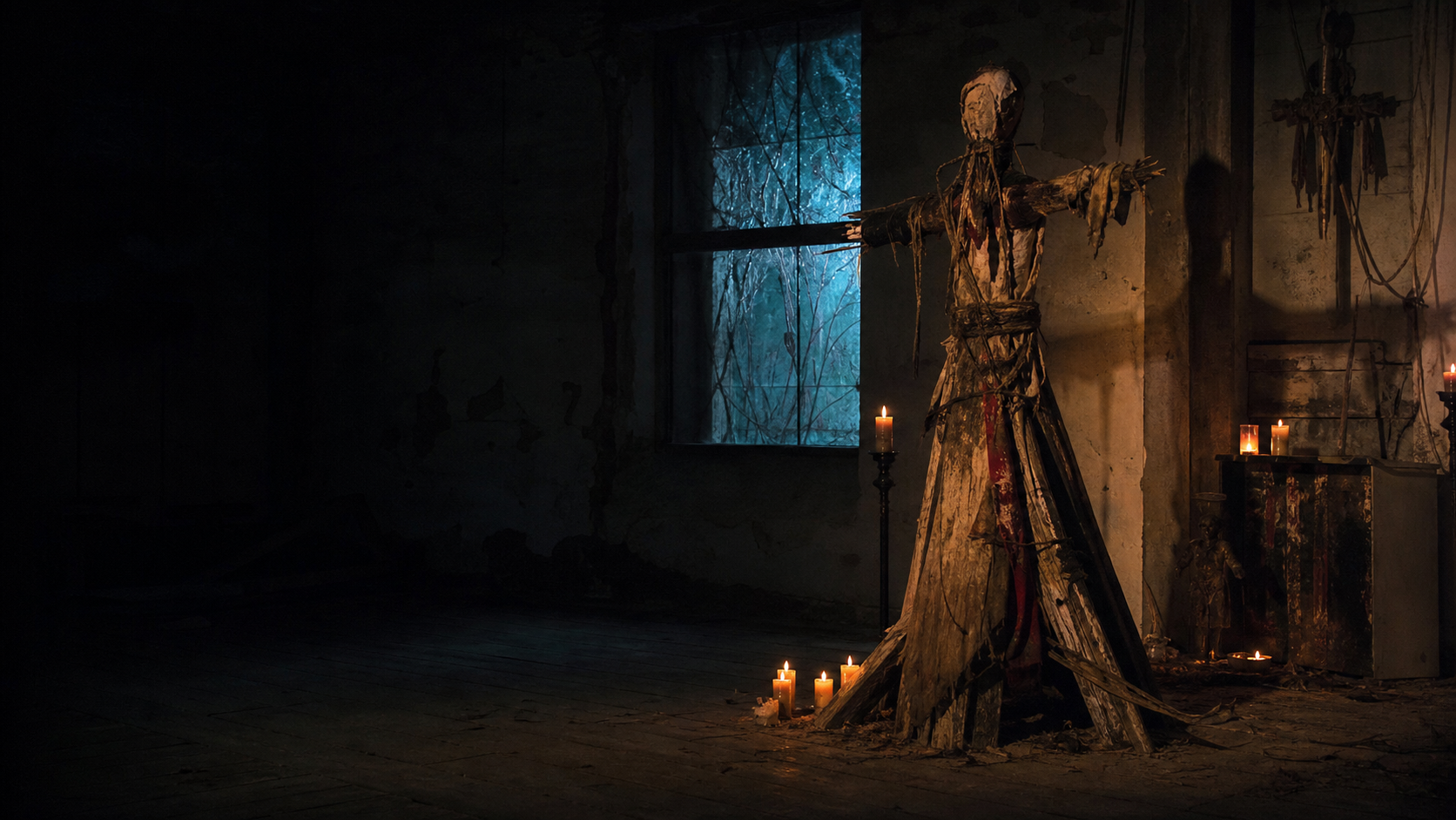 A life-sized ritual effigy inside an abandoned candlelit chapel